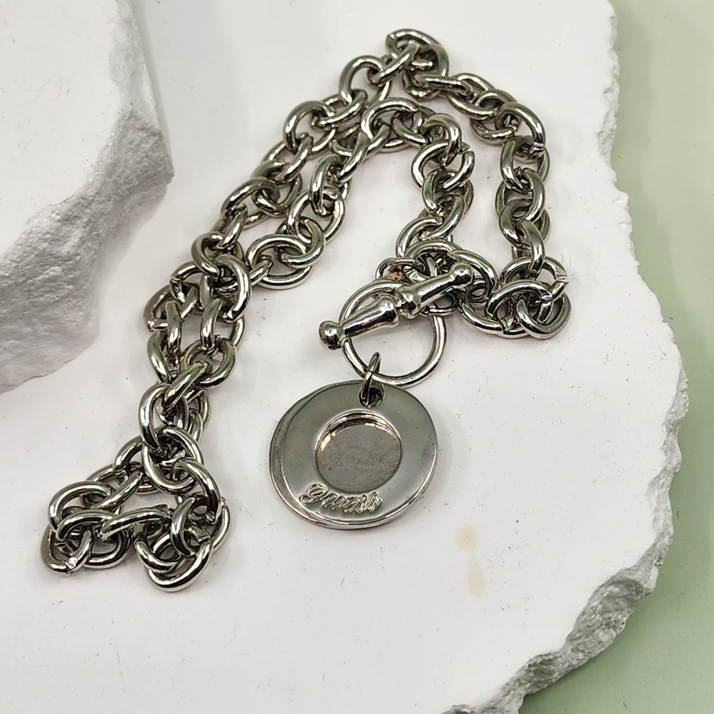 Guess Silver Tone Chunky Double Chain Toggle Logo Charm Bracelet Statement Y2K